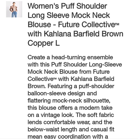 Future Collective Women's Puff Shoulder Long Sleeve Mock Neck Blouse Copper - Picture 4 of 16